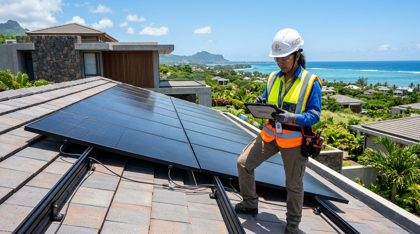 Solar engineer on modern rooftop in Mauritius