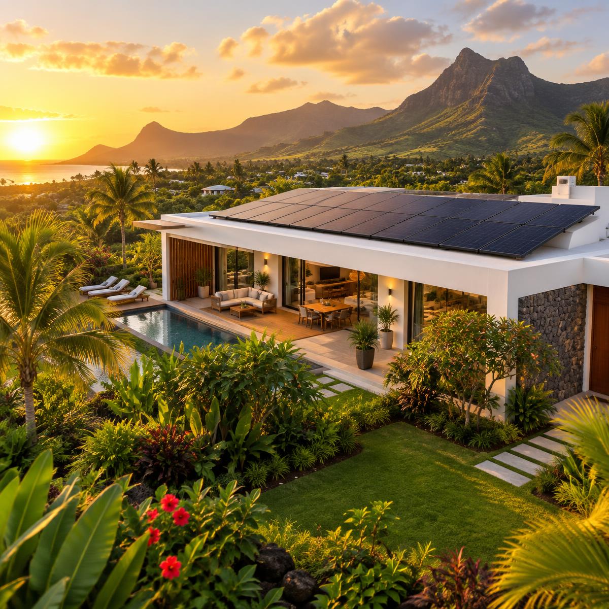 Modern residential villa with cyclone-mounted rooftop solar in Mauritius